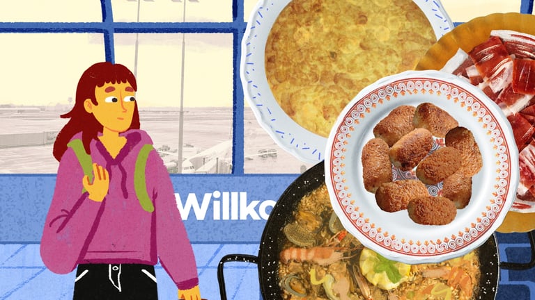 A girl traveler at an airport with Spanish dishes like paella, croquettes, and tortilla.