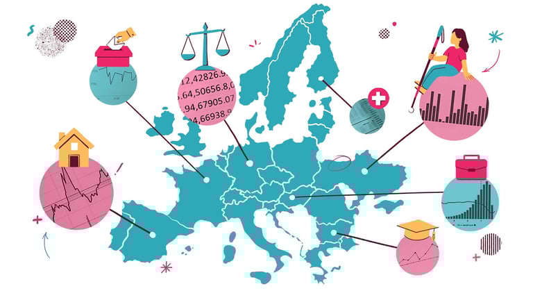 a map of Europe with symbols of statistics, work, house, voting, law, disability