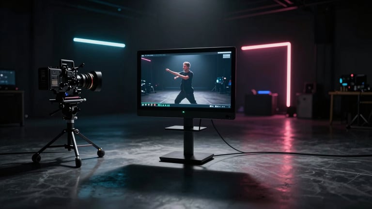 Wide panoramic 21:9 frame of a dark studio set, glowing director's monitor showing an artist in motion, heavy shadows and practical neon light in the background.