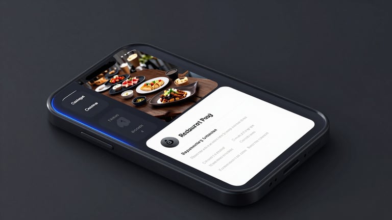 Sleek dark-mode 3d render, glowing blue neon accents, minimalist tech interface showing a modern restaurant booking system mockup, ultra-sharp details