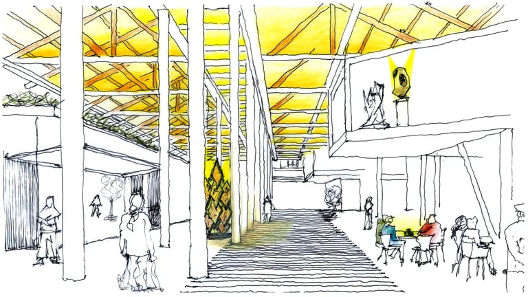 Direct sunlight in a building's interior, architectural sketch.