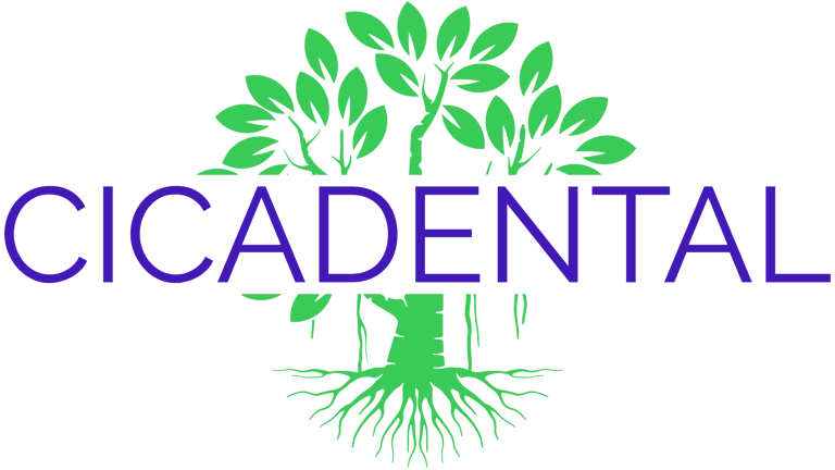 CICADENTAL logo featuring purple text over a vibrant green tree graphic with visible roots.