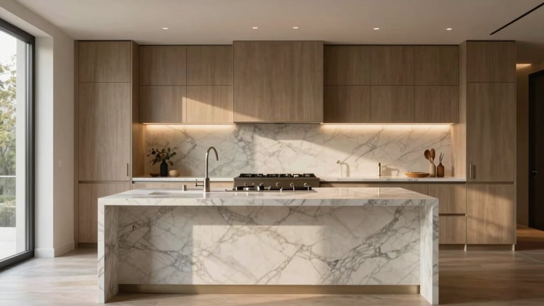Straight-on architectural elevation of a luxury residential kitchen, featuring perfectly aligned marble veining on the waterfall island, warm diffused natural window light, flawless flush cabinetry joints, editorial style.