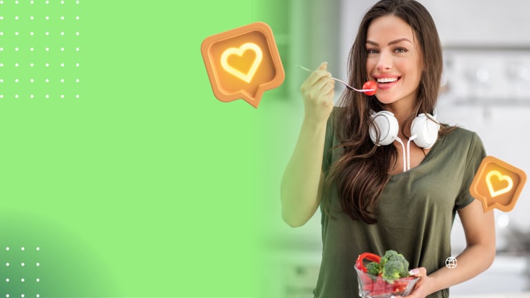 Smiling woman holding a fresh vegetable salad with glowing heart social media icons.