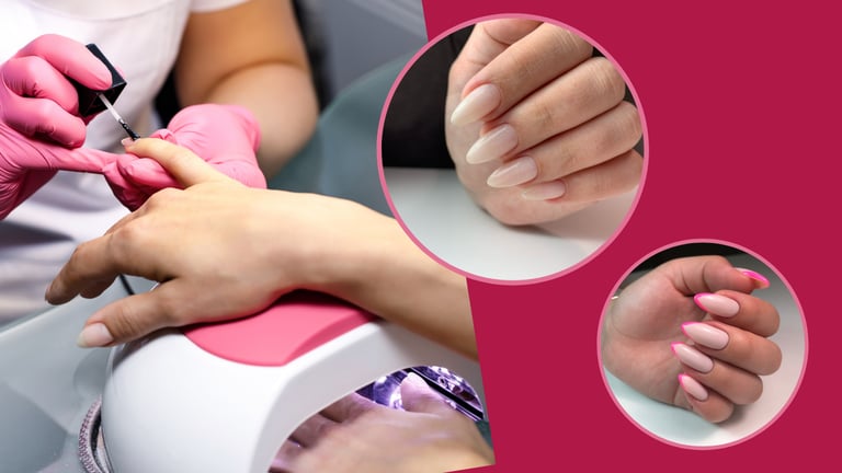 Professional manicure service featuring gel nail application, almond shape extensions, and pink French tips.