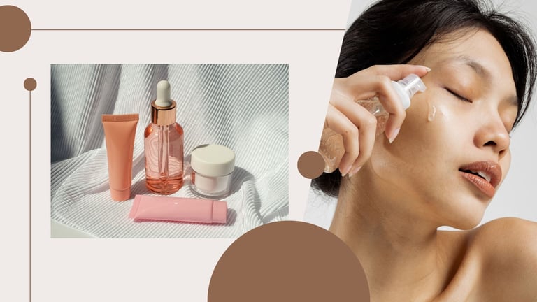 A collection of skincare products including a dropper bottle, tubes, and a jar, alongside a woman applying a facial serum