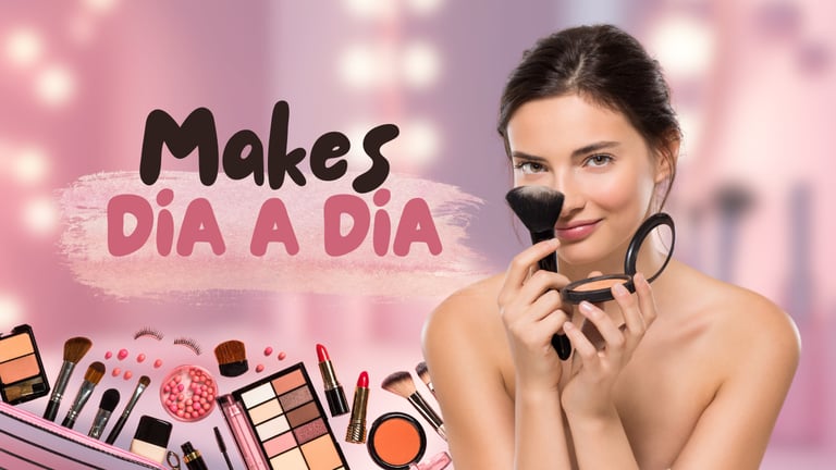 A woman holding a brush and powder compact for daily makeup routine with cosmetic products on a pink background.