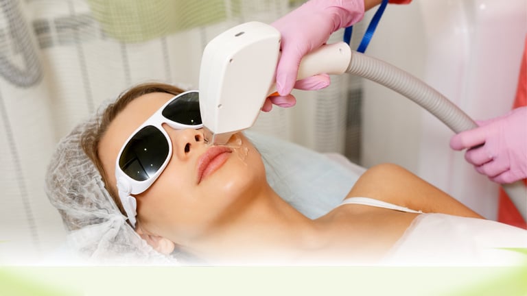 A woman receiving a professional laser facial hair removal treatment on her upper lip at a medical spa.