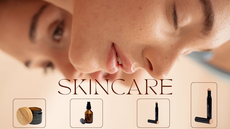 A close-up of a woman's face, highlighting radiant skin, alongside various skincare products like moisturizers, serums, and