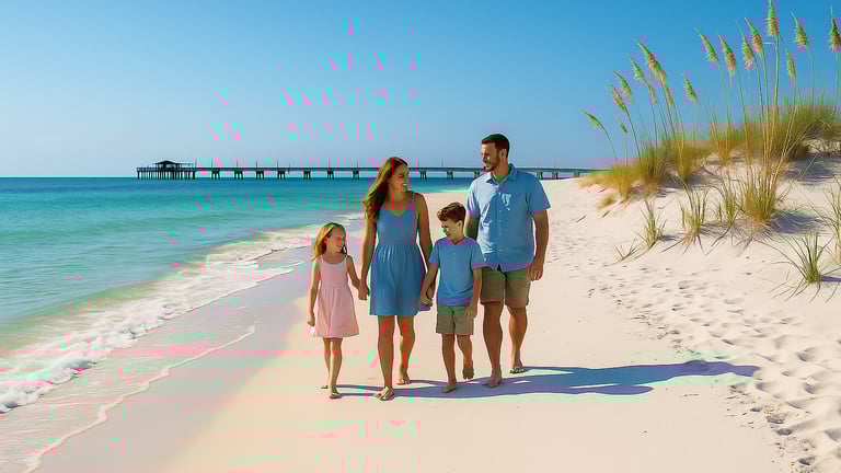 Family walking along a white sand beach in Gulf Shores, Alabama, with turquoise water and a distant fishing pier under a sunn