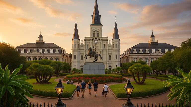 Jackson Square at sunset with St. Louis Cathedral, palm trees, and visitors walking along brick paths.