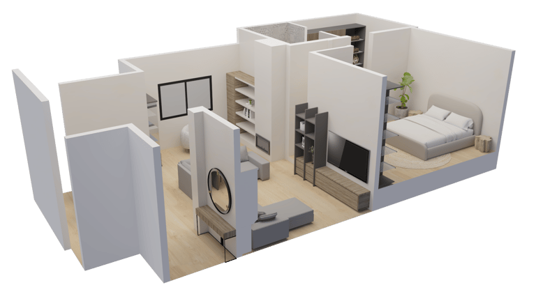 3D floor plan of a modern studio apartment with minimalist furniture, bedroom, and living area.