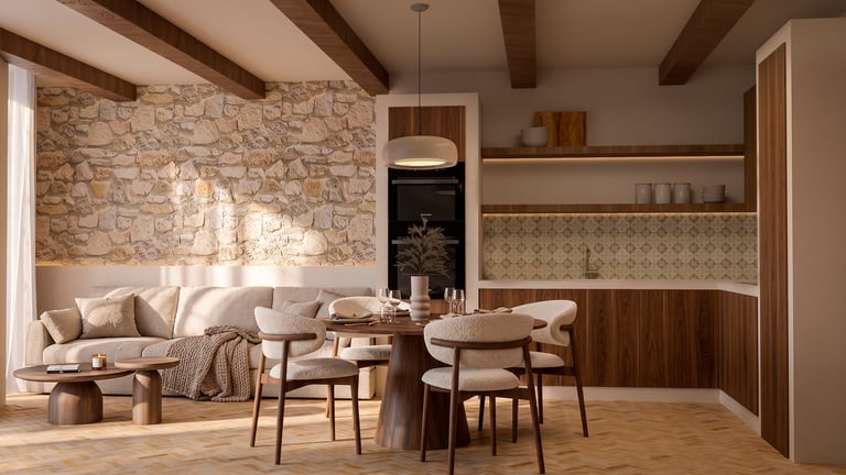 Modern rustic living room and kitchen featuring a stone wall, wood beams, and a round dining set.