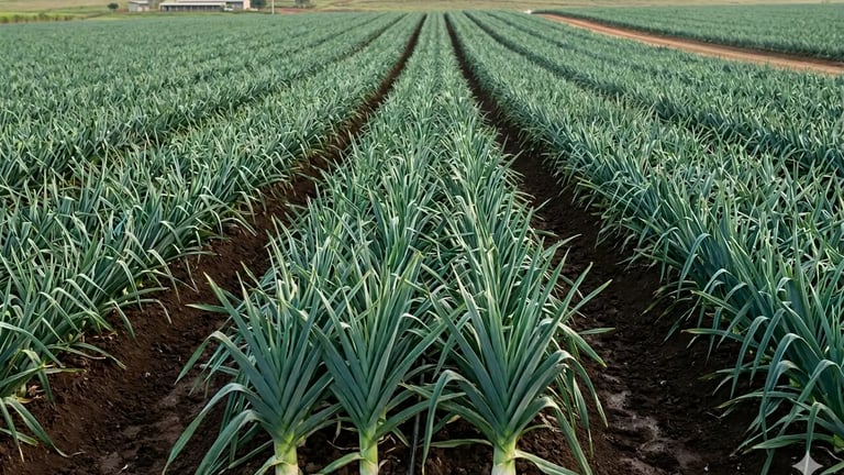 Fileiras de alho-poró orgânico crescendo em um vasto campo agrícola de fazenda, sob um céu limpo 