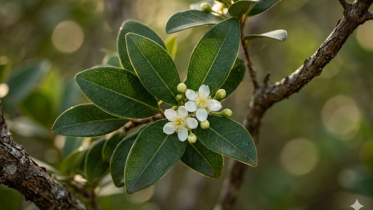 Close de pequenas flores brancas da gabirobeira e folhas verdes em um galho com fundo desfocado 