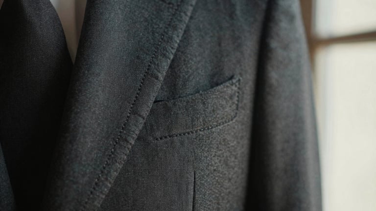 Macro close-up of hand-stitched lapel on a structured charcoal blazer, soft directional window light revealing fine textile weave, shallow depth of field.