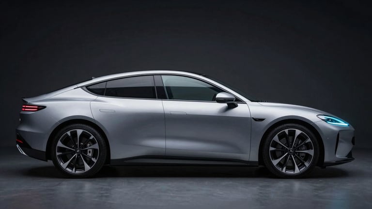 Sleek aerodynamic profile of an electric vehicle in low-key studio lighting, sharp silver highlight, cold blue rim light, dark background.