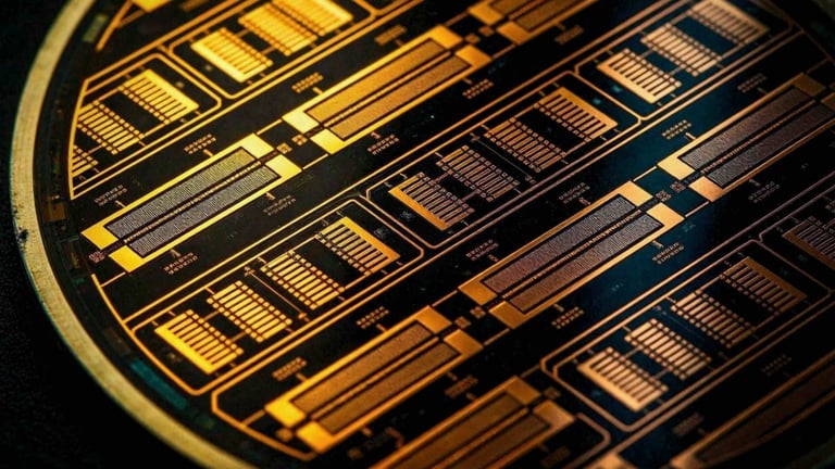 Macro photography of a raw custom silicon microchip wafer circular plate.