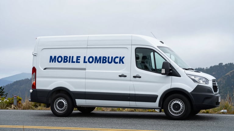 Sharp editorial photography of a clean white mobile locksmith service van parked on the shoulder of a scenic Pacific Northwest road, overcast sky, professional branding visible on the van side