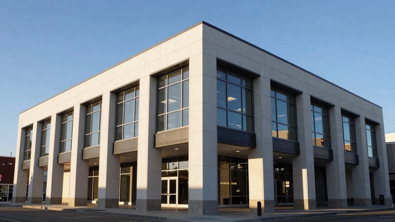 Wide-angle architectural exterior shot of a modern commercial building in downtown Boise at golden hour, sharp geometric shadows, clean lines, natural light, 35mm lens.