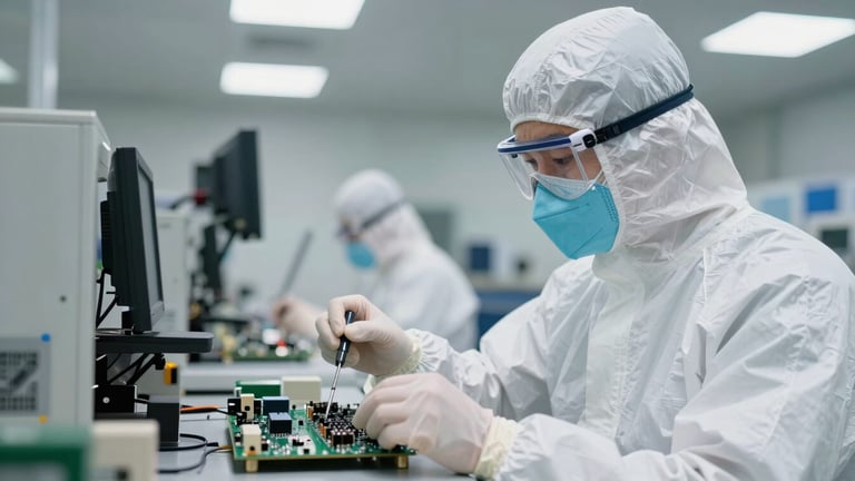 Technician in ESD protective gear inspecting a circuit board under clean bright warehouse daylight, focusing on ports and serial plates.