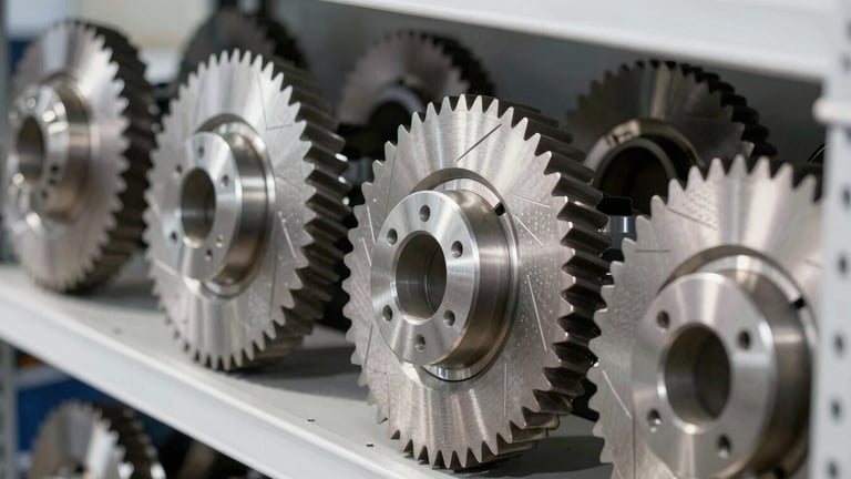 Close-up of pristine metal gears and brake discs organized on high industrial steel shelving, bright cool daylight, sharp metallic details, high-contrast commercial product style, 50mm lens