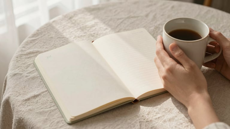 Top-down flat-lay of a printed prayer journal on a linen tablecloth, hands holding a warm ceramic mug, soft morning window light, muted sand and sage tones, 35mm