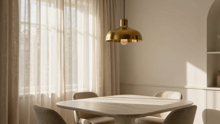 Elegant dining room bathed in morning light, minimalist linen curtains, white oak table, brass pendant light, refined luxury.