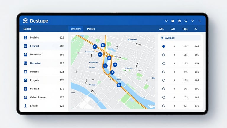 A straight-on digital mockup showing multi-branch inventory levels side-by-side on a clean map-based dashboard, bright daylight studio lighting, sharp focus.