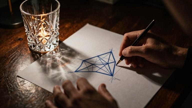 Moody low-key photo of a designer's hands drafting geometric glass blueprints on a dark wooden table next to a heavy crystal tumbler reflecting amber light, 35mm film