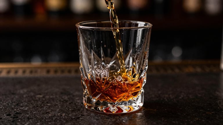 Moody low-key macro shot of amber liquid pouring into a heavy geometric crystal tumbler, high contrast shadows, Amsterdam bar background