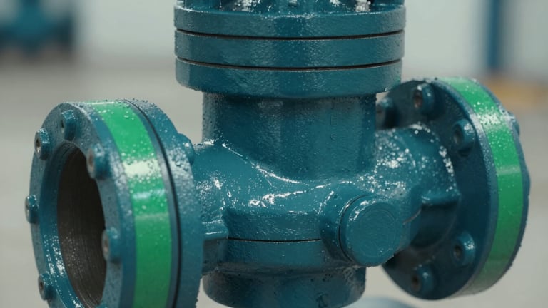Extreme close-up of a high-durability industrial valve or pipe fitting, showing precise machining and robust construction. Cool-toned industrial lighting, sharp focus, subtle reflections of safety green.