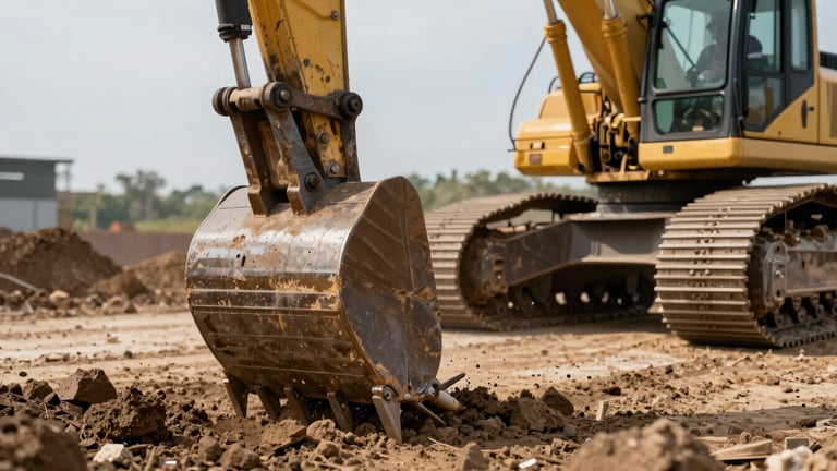 Close-up of excavator bucket teeth breaking hard earth on an active road construction site, natural midday light, operator cabin visible in background, raw mechanical detail