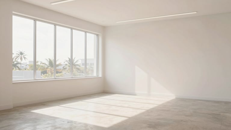 Bright, airy modern office space in Florida with soft natural light streaming through large windows, desaturated pastel tones, generous negative space
