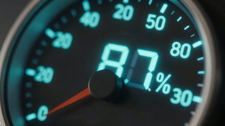 Extreme close-up of a glowing digital gauge displaying eighty-seven percent bullish sentiment, neon cyan light reflecting on dark glass.