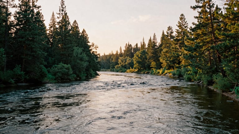 Wide panoramic view of the Weber River at golden hour, soft light, gentle currents, pine trees on the banks, low horizon, serene editorial photography, 35mm film