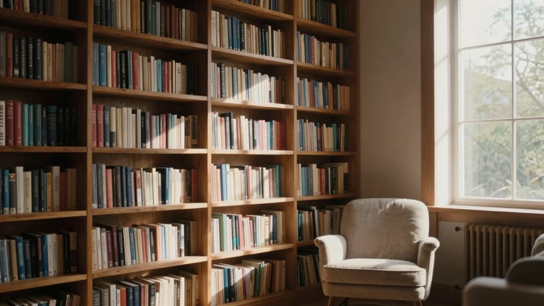 Wide panoramic view of a sunlit home library with floor-to-ceiling wooden bookshelves filled with books, a comfortable reading chair in the corner, soft natural light, 35mm.