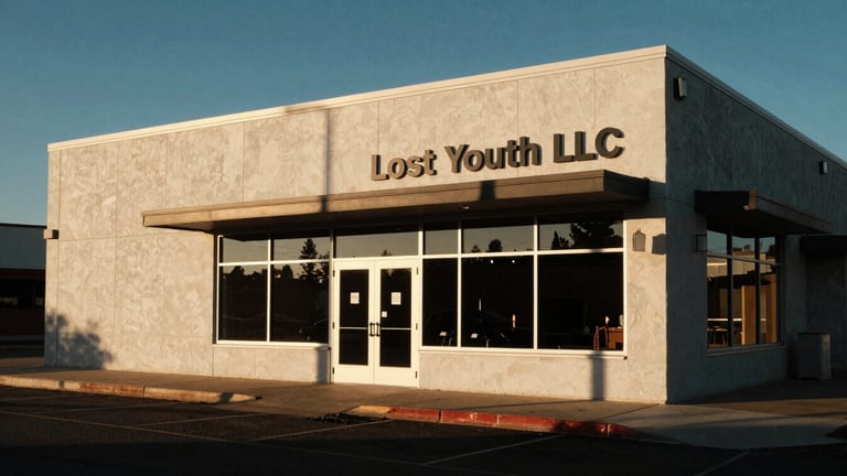 High-contrast architectural shot of the Lost Youth LLC studio exterior in Pocatello, Idaho, at golden hour, harsh shadows, warm amber accents, wide environmental shot.