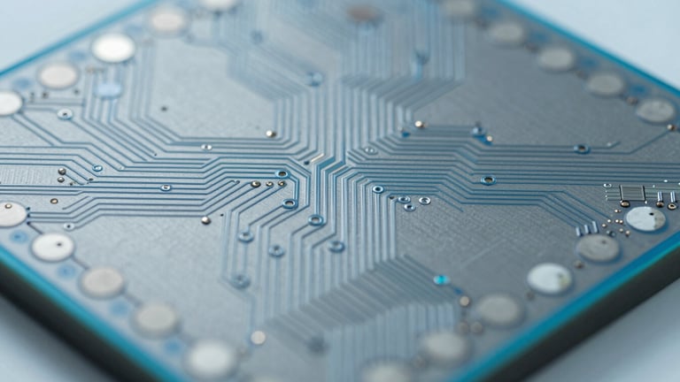 Extreme macro technical photography of a silicon wafer die, showing precise microscopic circuit pathways, bright fluorescent cleanroom lighting, cool gray and blue tones, sharp focus.
