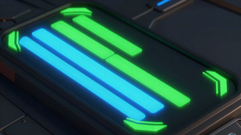 Extreme close-up of a high-fidelity mobile game interface, vibrant neon blue energy bars, glowing green geometric UI elements, dark sci-fi cockpit environment, octane render