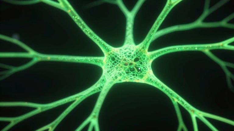Extreme close-up of neural pathways lighting up with neon green energy during physical exertion, high contrast, moody scientific aesthetic, 35mm lens, dark background.