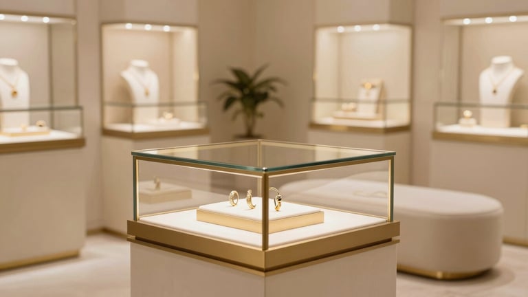 Elegant luxury jewelry showroom interior in Mumbai, warm diffused lighting, champagne gold accents on minimalist display cases, soft cream seating, 85mm macro photography