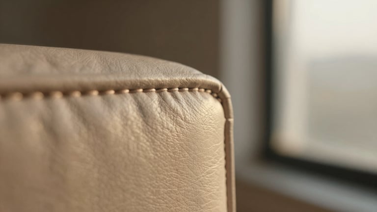 Extreme macro shot of precise, thick hand-stitched seams on a structured leather edge, warm golden hour light, 35mm photography