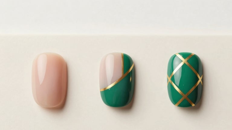 Wide cinematic flat-lay on a cream surface showing three sequential stages of a nail-art design in progress — from a plain nail tip on the left, to a partially painted design in the centre, to a fully finished emerald-and-gold geometric pattern on the right, bright soft studio light, clean white negative space at top