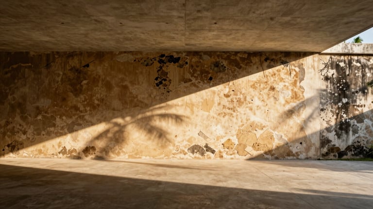 Wide editorial architectural shot of a restored colonial wall meeting a clean modern concrete ceiling, deep shadows, warm tropical afternoon light, empty serene space.