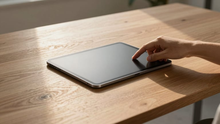 Wide architectural shot of a minimalist oak desk, a hand gently touching the single physical button of a matte-screen tablet, soft afternoon golden hour light.