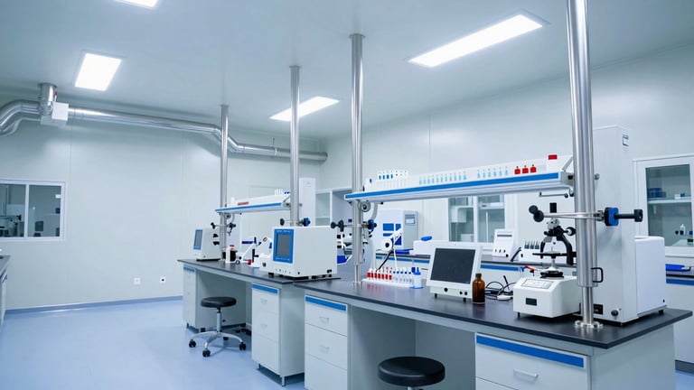 Wide panoramic view of a modern pharmaceutical cleanroom with sterile steel pipes, bright white clinical lighting, cool blue accents