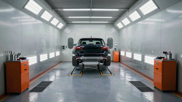 Wide shot of a modern, clean automotive paint booth in Noida, bright industrial lighting, a car on a lift in the center, tools neatly organized, metallic textures, 35mm.