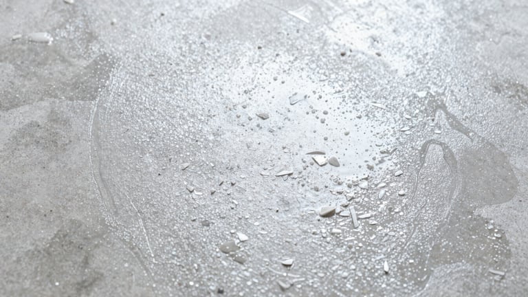 Close-up, top-down macro shot of fine epoxy flakes evenly distributed over a wet concrete surface, bright studio lighting, cool tones.