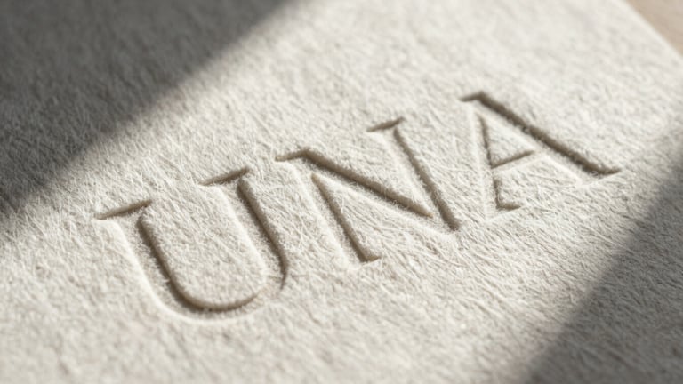 Extreme tactile close-up of heavy-weight cotton paper with deeply debossed minimalist typography, harsh high-altitude mountain sunlight casting sharp shadows.